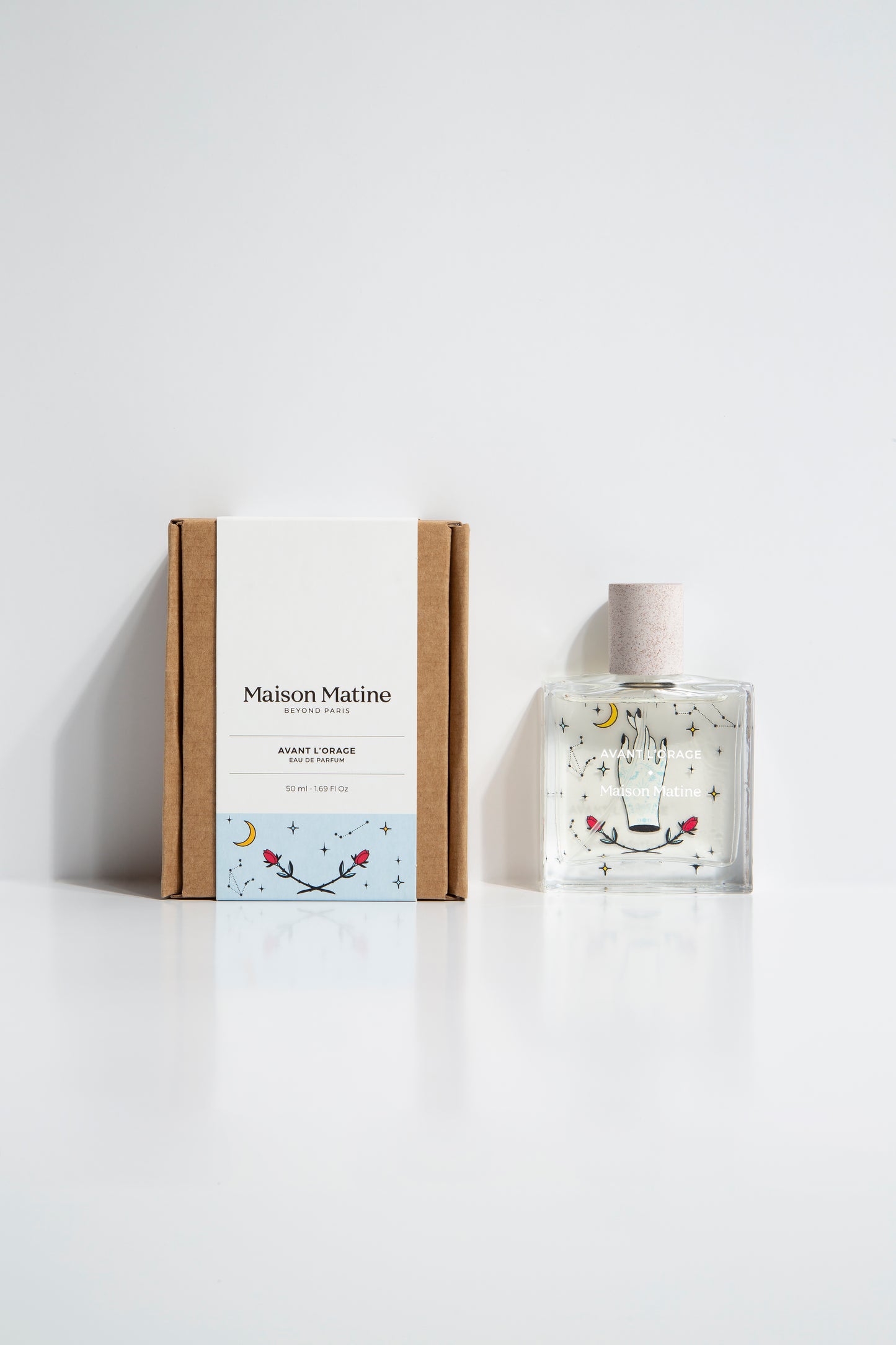 Avant l'Orage Maison Matine, frasco con ilustracion de mano, rosas y luna