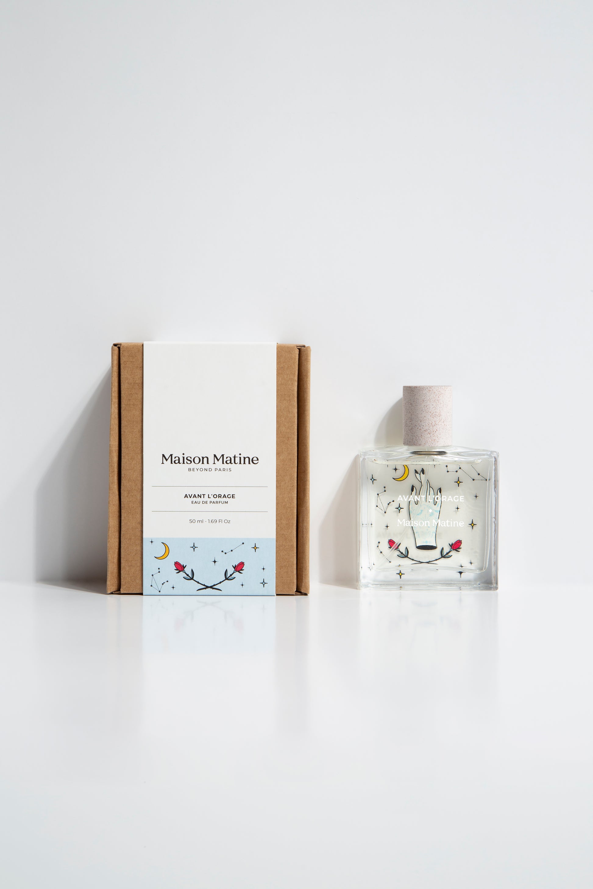 Avant l'Orage Maison Matine, frasco con ilustracion de mano, rosas y luna