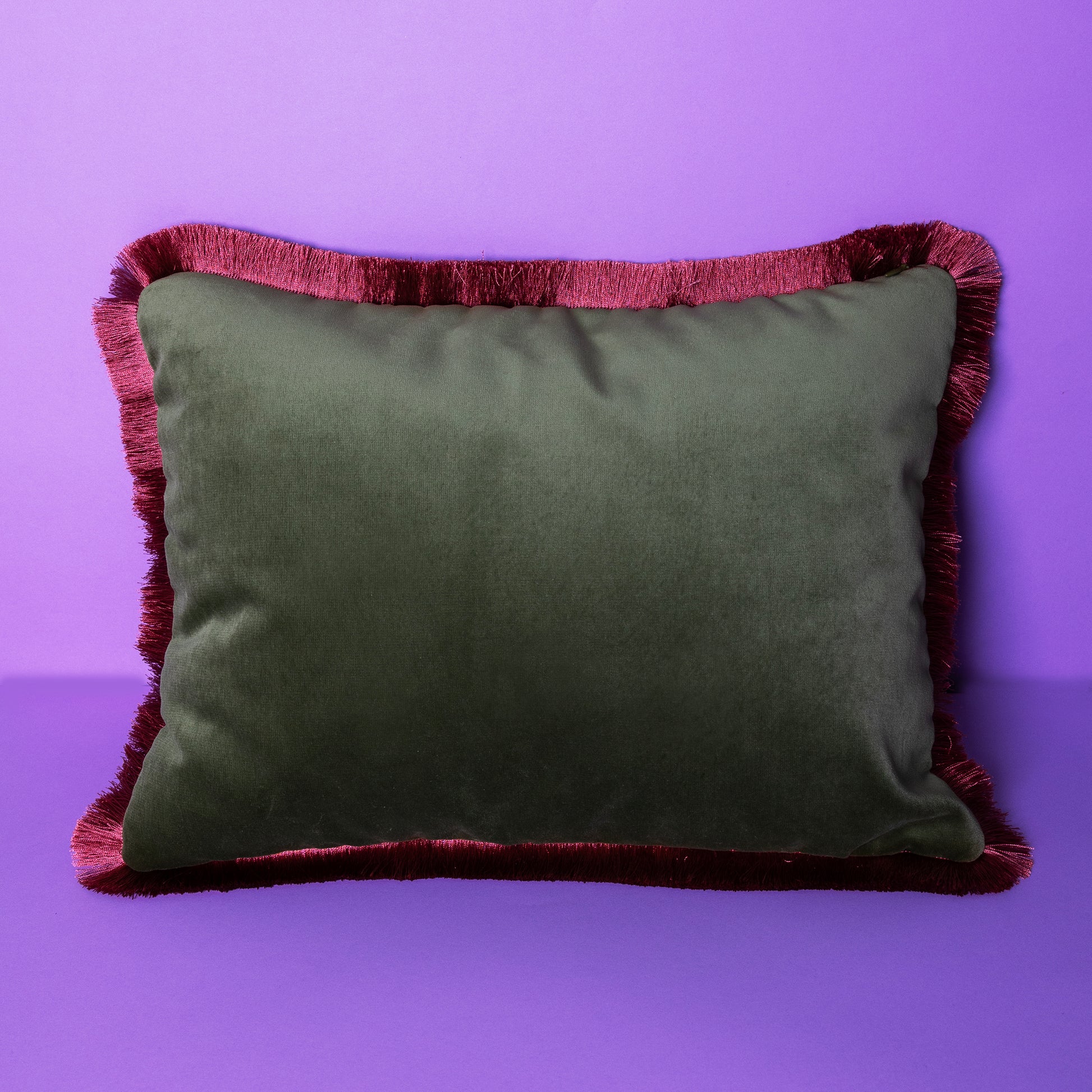 Cojin elegante con una cara de terciopelo verde y la otra con un bordado floral con un fleco al rededor