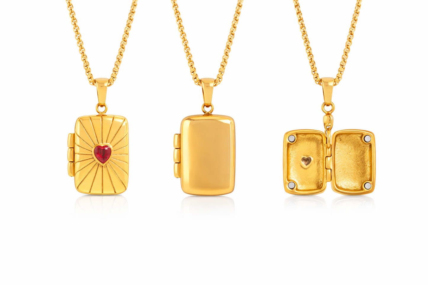 Three gold lockets with heart designs on a white background