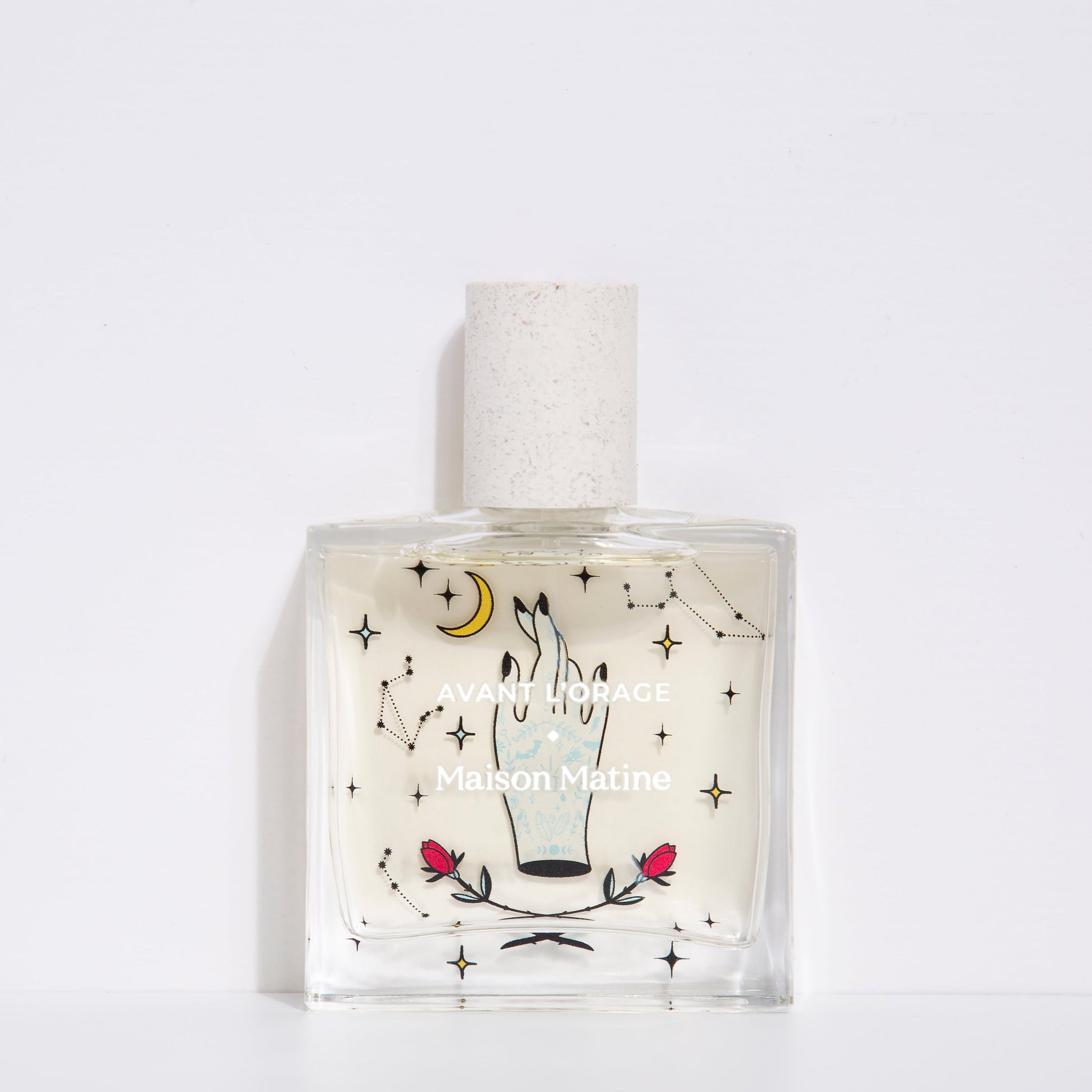 Avant l'Orage Maison Matine, frasco con ilustracion de mano, rosas y luna