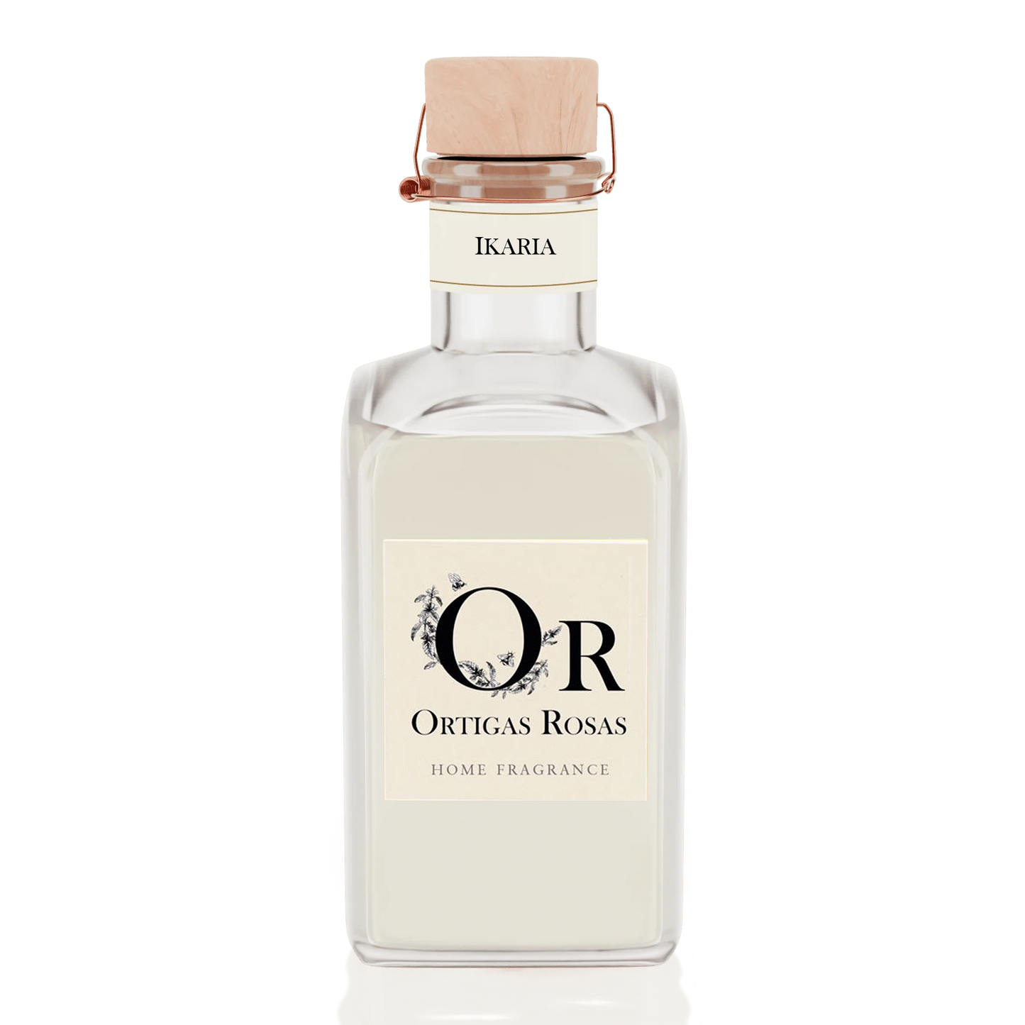 Ikaria Perfume  para hogar fragancia higo y hojas de tomate en envase de cristal con tapon en madera y logo Ortigas Rosas