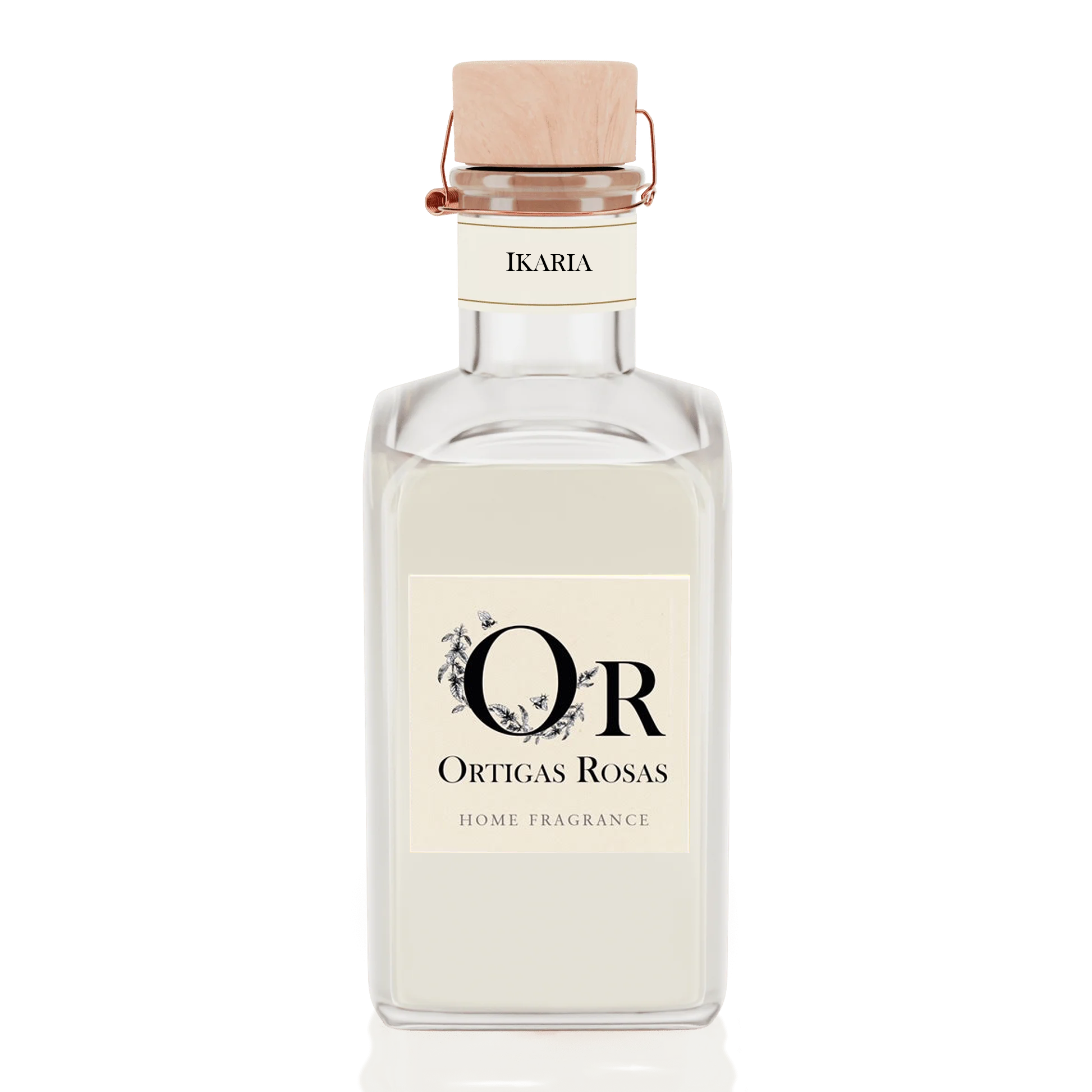 Ikaria Perfume  para hogar fragancia higo y hojas de tomate en envase de cristal con tapon en madera y logo Ortigas Rosas