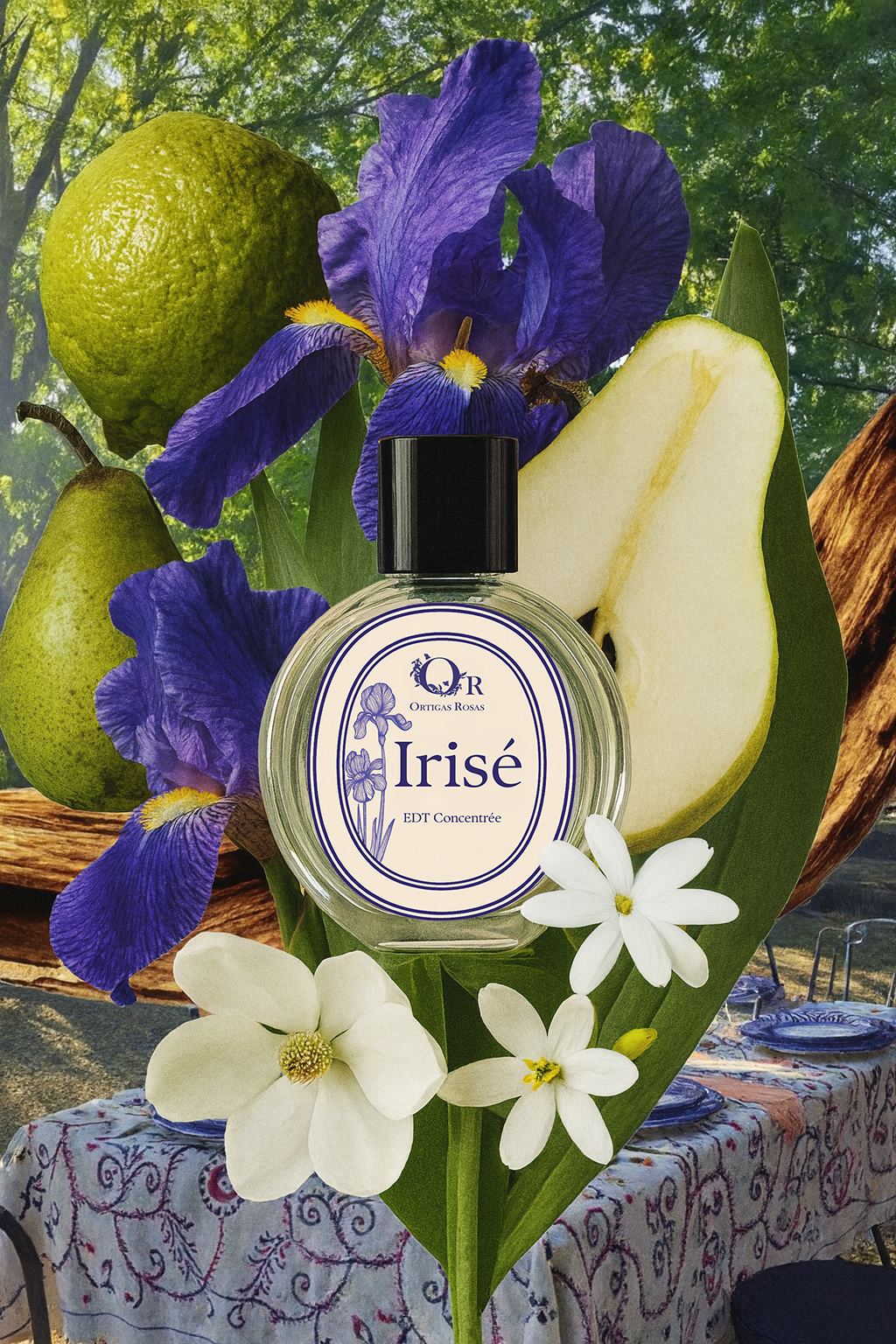 Perfume bottle labeled 'Irise' surrounded by pears, flowers, and a basket in a garden setting.