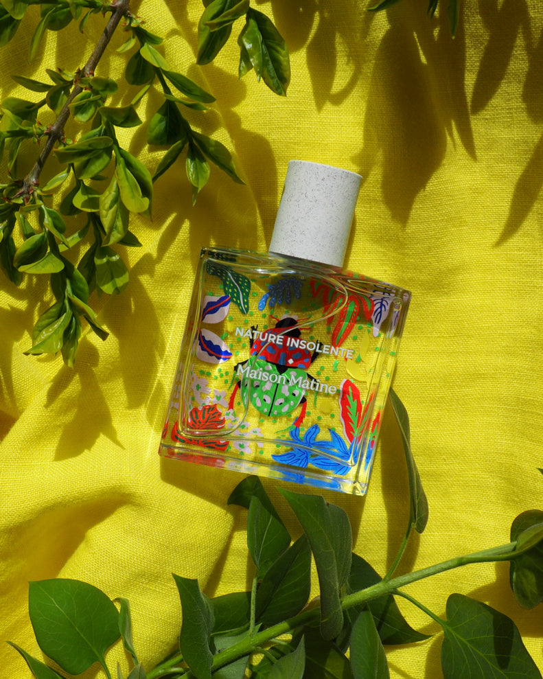 Nature insolente from Maison Matine, perfume with Beetle illustration on the bottle, perfume con ilustración de escarabajo en el bote