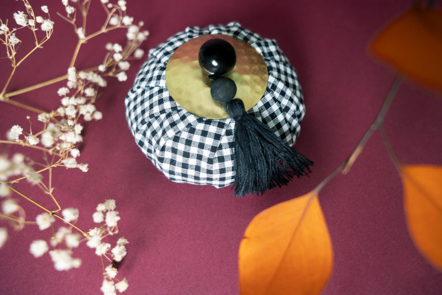 black and white vichy scented bag, brass detail and pompom