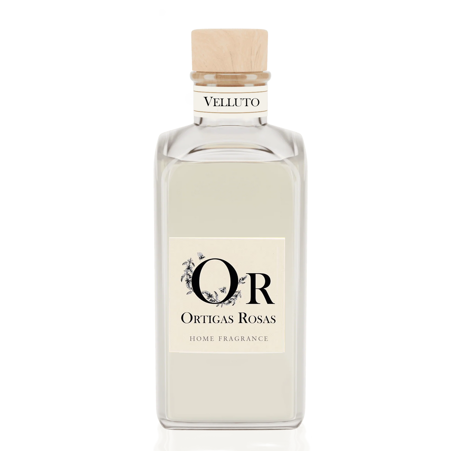 Velluto 200 ml fragancia hogar ambar y oud en envase de cristal transparente con tapon de madera