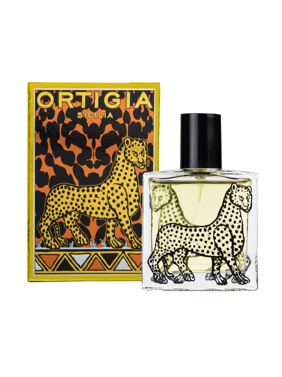 perfume Ambra Nera de Ortigia Sicilia con un diseño de guepardo ‘Ortigia Sicilia’ y caja decotaviva con guepardo y detalles dorados