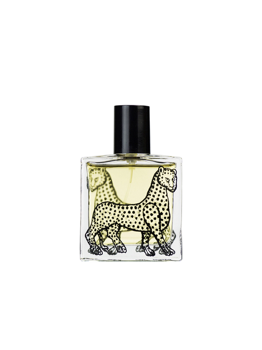Frasco de perfume Ortigia Florio con diseño de leopardo y tapon negro