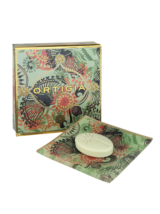 ortigia jabon con palmera y decoracion floray en fondo verde perfume Fico d'India