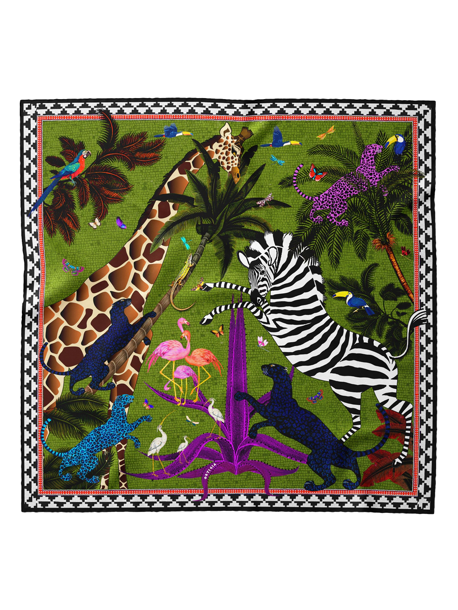 Foulard colorido con animales como una cebra, una jirafa y flamencos sobre fondo verde de Ortigia Sicilia