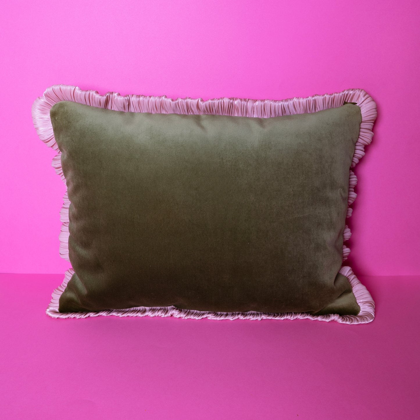 satin cushion pink with green velvet on one side and powder pink ruffle