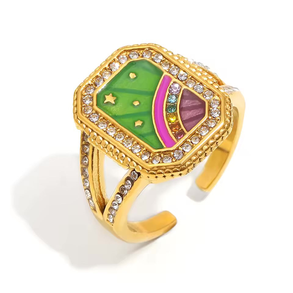 Gold ring with colorful gemstones in the shape of a rainbow with colorful crystals by ortigas rosas