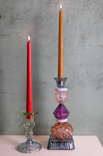 beeswax candles with recycled glass candleholders, colorful glass candle holder, red candless