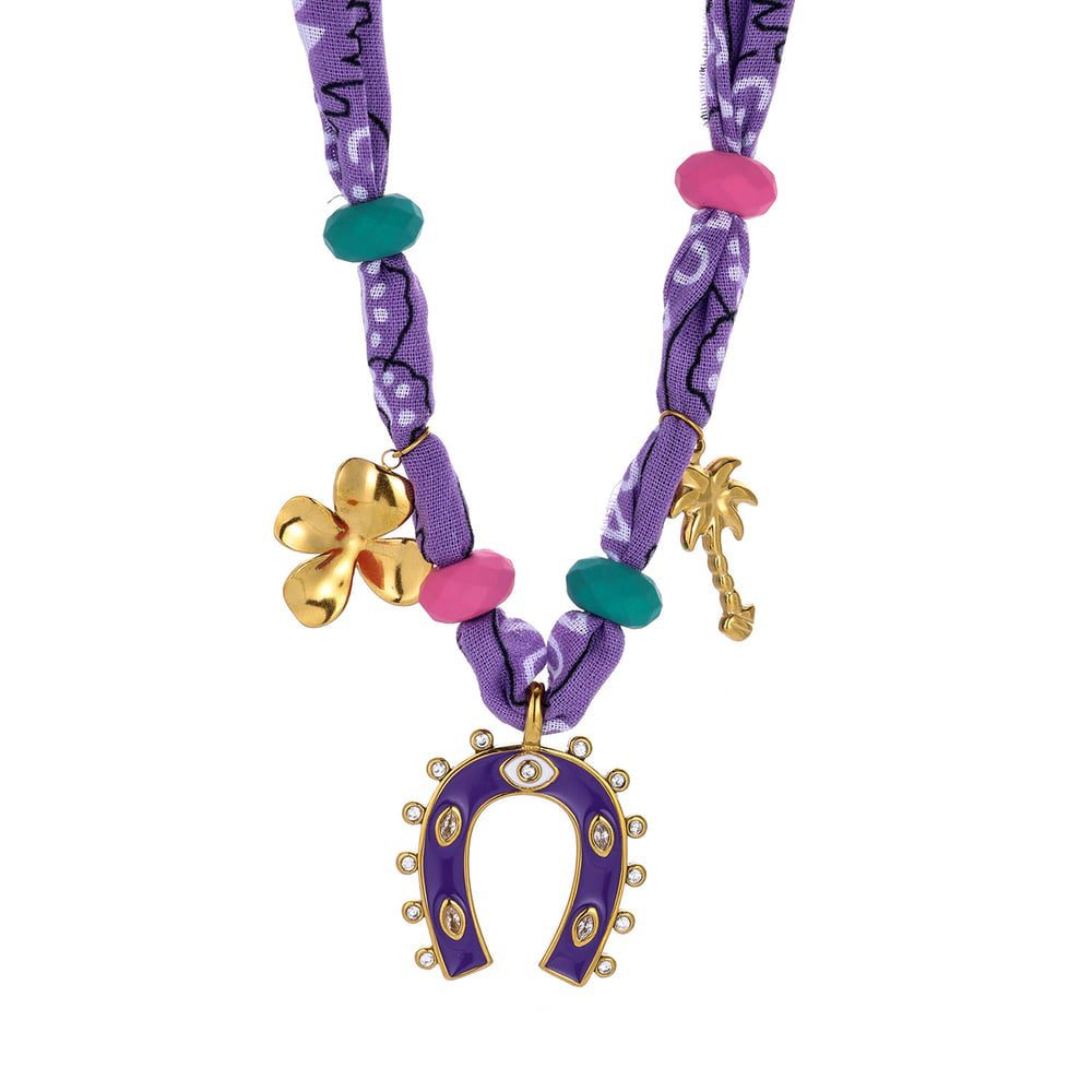 Necklace with purple cord, gold charms, and colorful beads on a white background