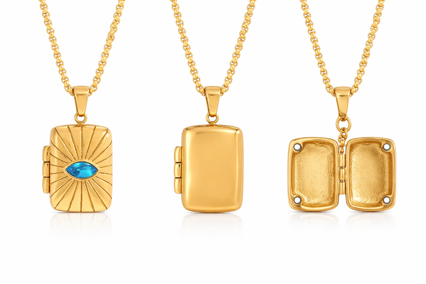 Three gold lockets with different designs on a white background