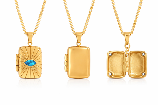 Three gold lockets with different designs on a white background