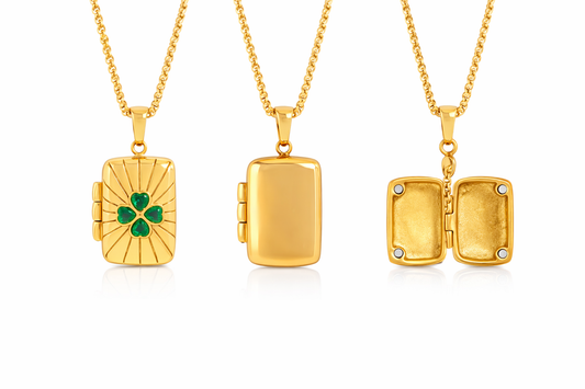 Three gold lockets with different designs on a white background