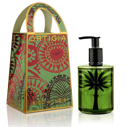Frasco verde con palmera color negro y caja verde con detalles dorados para el jabon liquido de Ortigia Sicilia Fico d'India