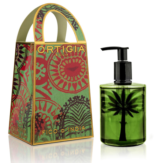 Frasco verde con palmera color negro y caja verde con detalles dorados para el jabon liquido de Ortigia Sicilia Fico d'India