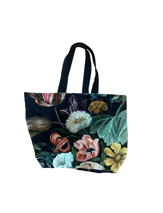 Velvet Tote Bag with Flowers Print