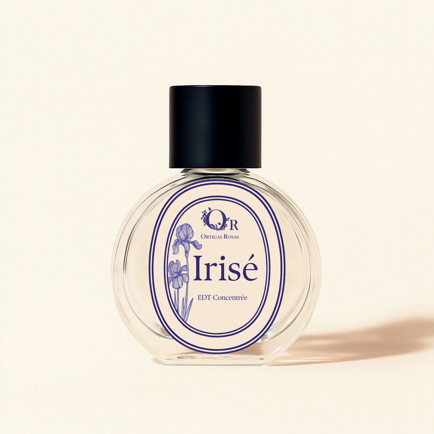 frasco de perfume irisé con etiqueta ovalada y ilustracion de iris en estilo vintage y con marcos ovalados en color morado