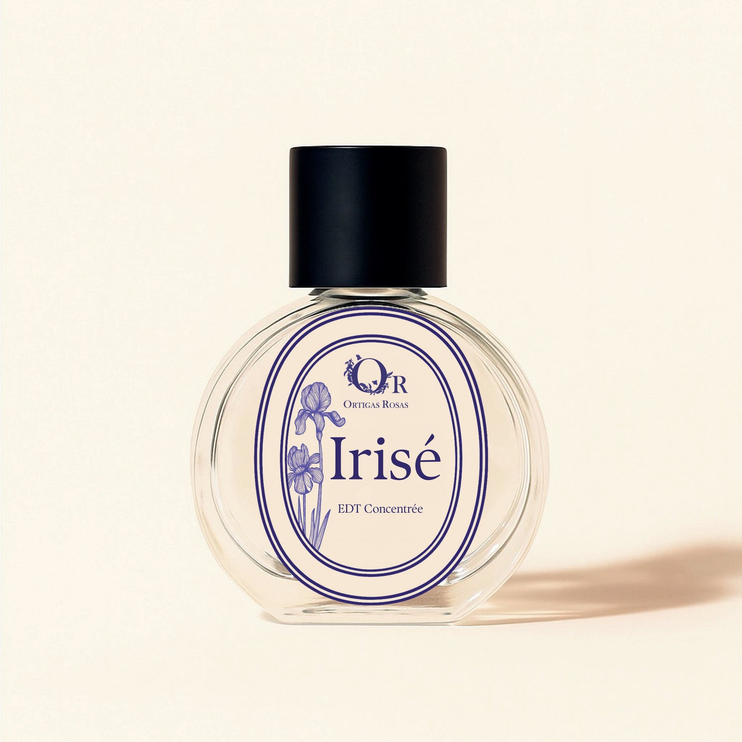 frasco de perfume irisé con etiqueta ovalada y ilustracion de iris en estilo vintage y con marcos ovalados en color morado