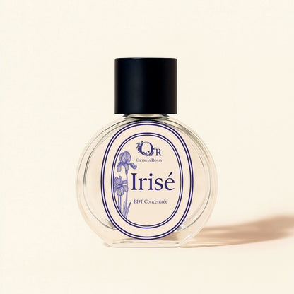 frasco de perfume irisé con etiqueta ovalada y ilustracion de iris en estilo vintage y con marcos ovalados en color morado