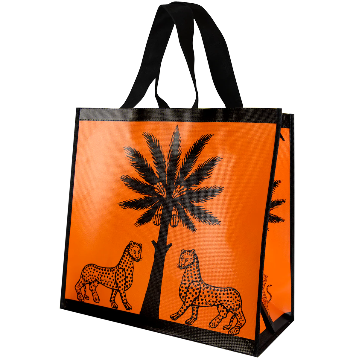 Tote bag with leopards and palm tree design on an orange background