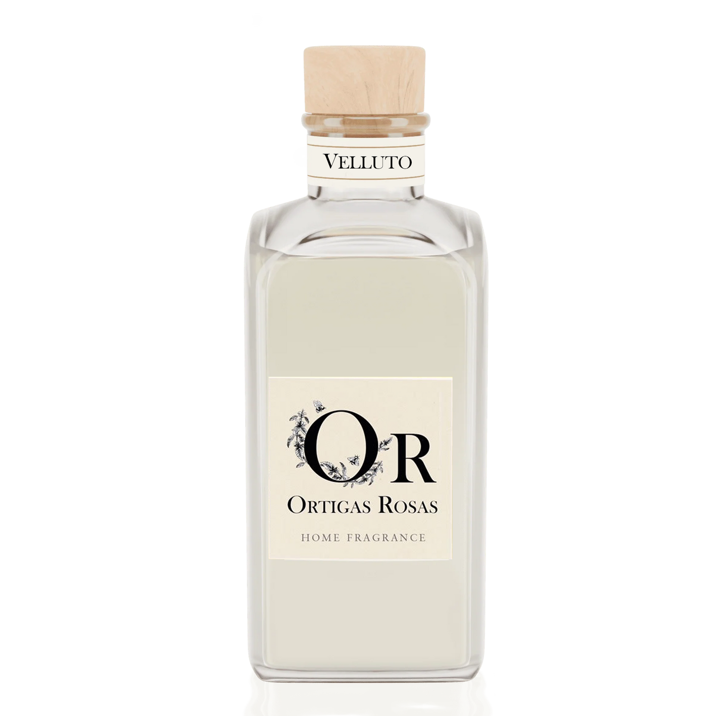 Velluto 200 ml fragancia hogar ambar y oud en envase de cristal transparente con tapon de madera