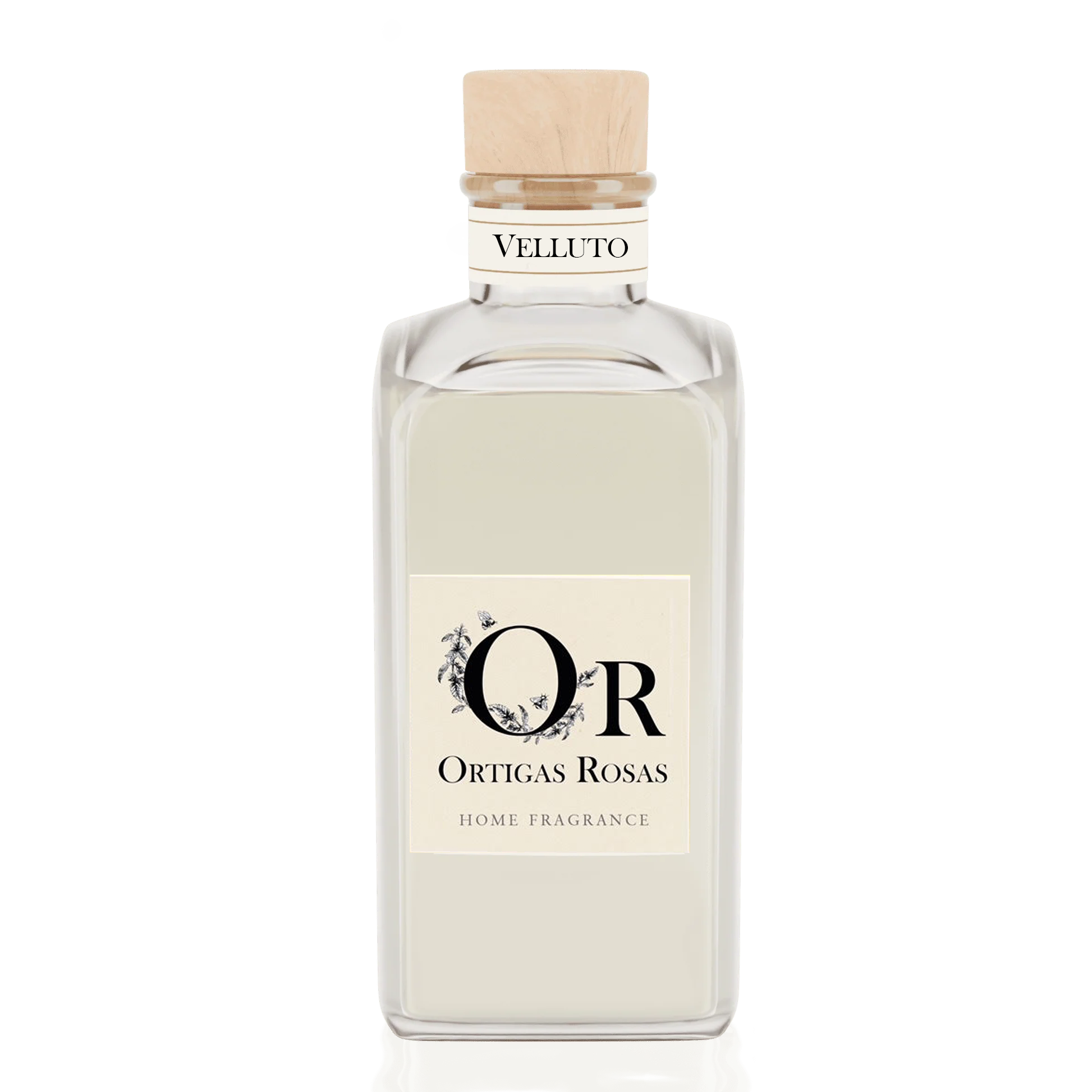 Velluto 200 ml fragancia hogar ambar y oud en envase de cristal transparente con tapon de madera