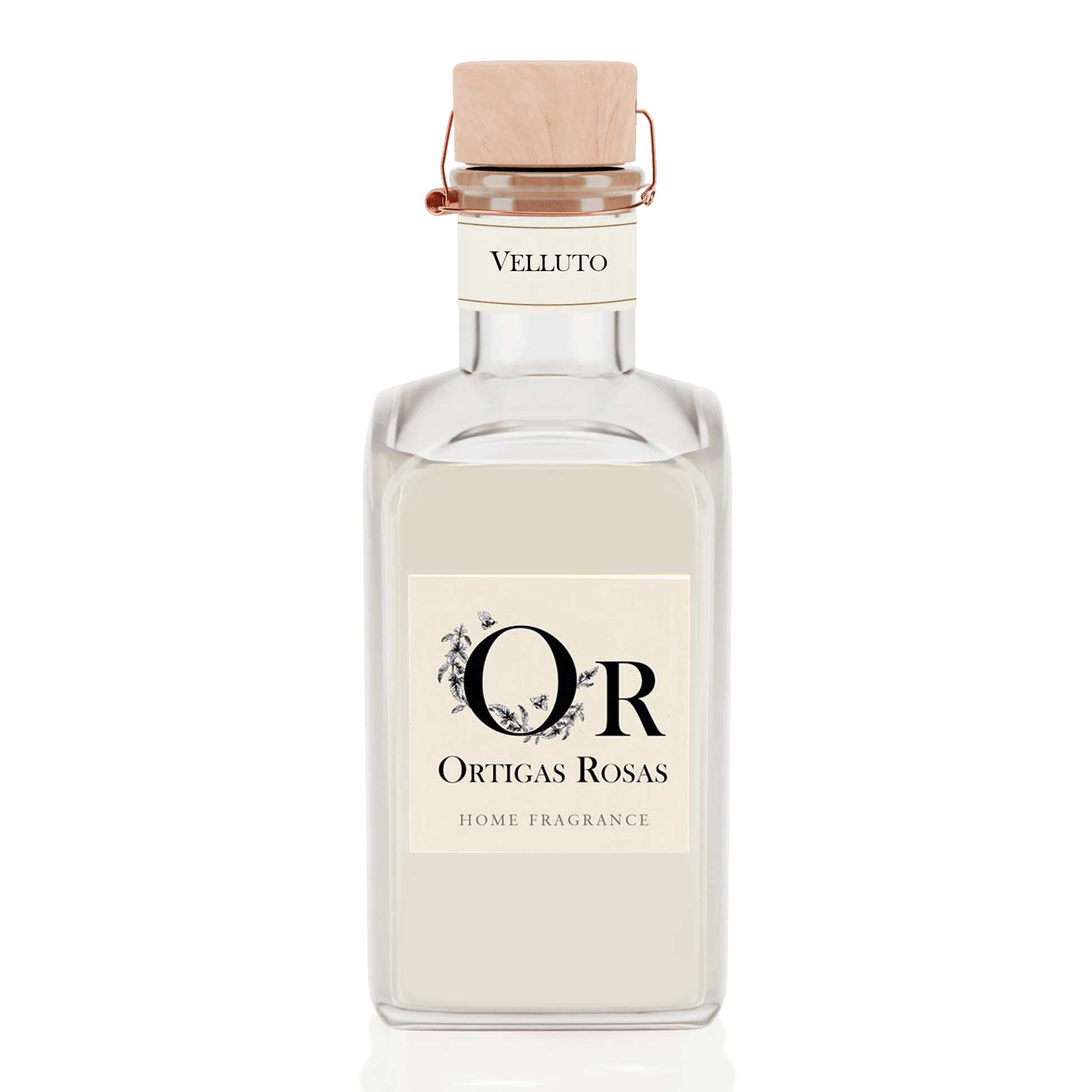 Velluto 500 ml fraggancia hogar oud y ambar, envase de cristal transparente y elegante con tapon en madera y etiqueta con el logo Ortigas Rosas