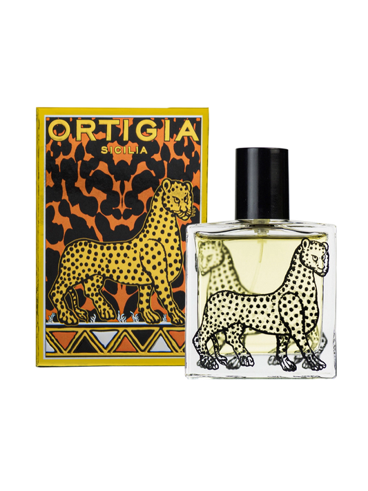 perfume Ambra Nera de Ortigia Sicilia con un diseño de guepardo ‘Ortigia Sicilia’ y caja decotaviva con guepardo y detalles dorados