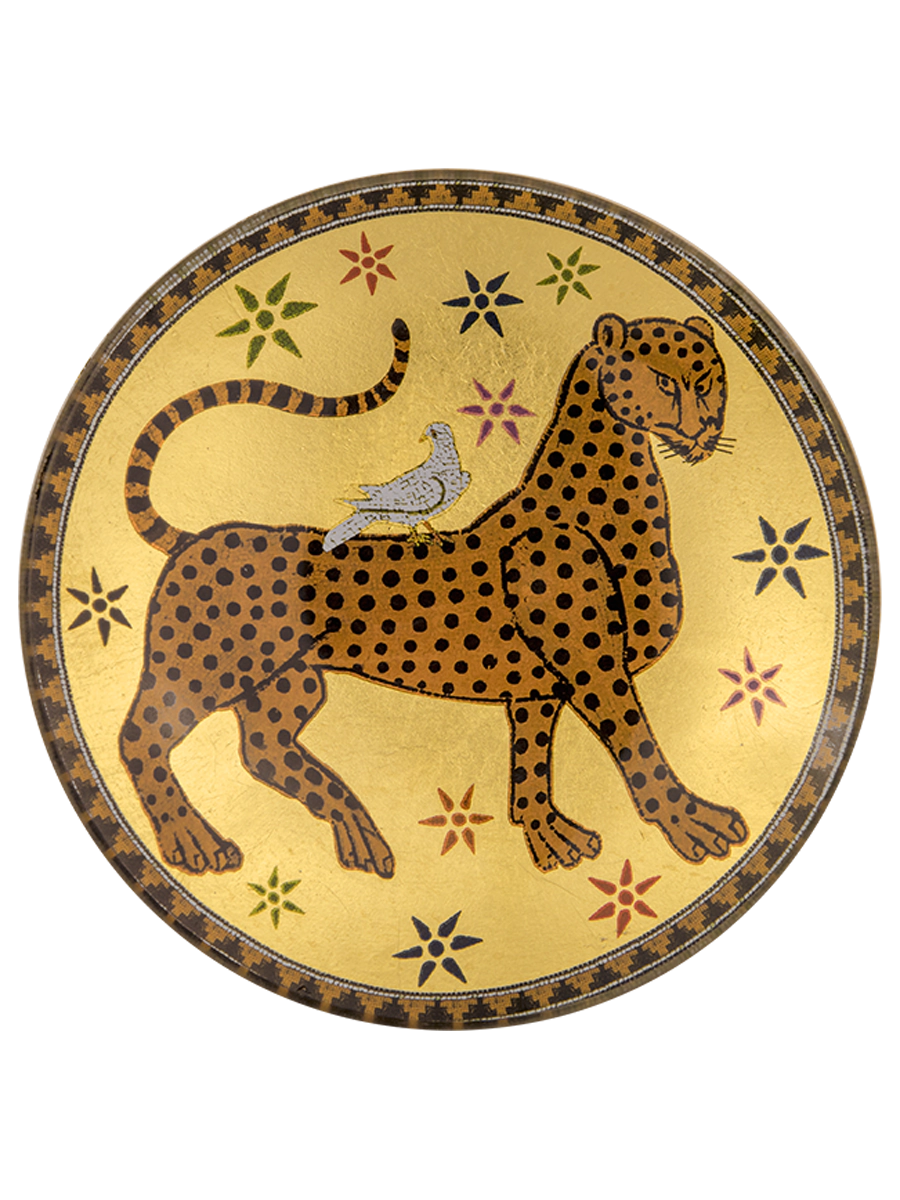 plato de cristal con leopardo y jabon color amarillo de Ambra Nera de Ortigia
