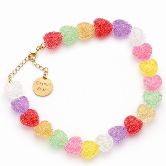 Colorful candy heart-shaped bead necklace with a gold charm from ortigas rosas