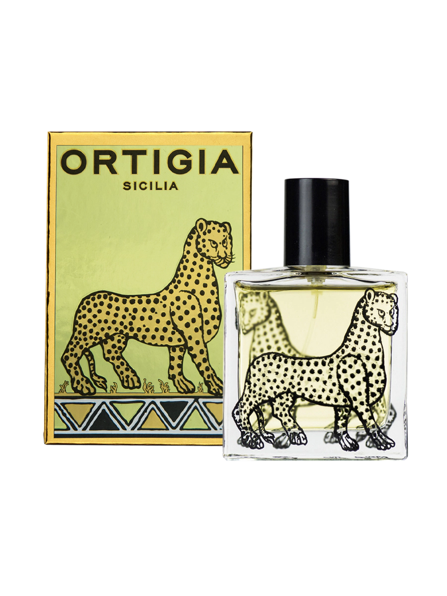 Frasco de perfume Ortigia Sicilia con diseño de guepardo con caja decorativa color verde y dorado para el perfume fico d'india