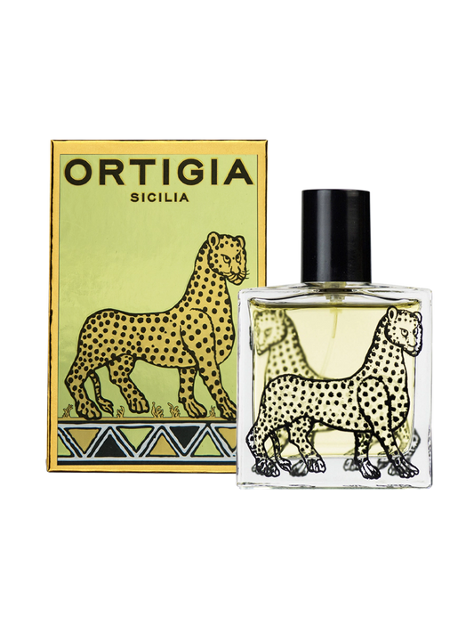 Frasco de perfume Ortigia Sicilia con diseño de guepardo con caja decorativa color verde y dorado para el perfume fico d'india