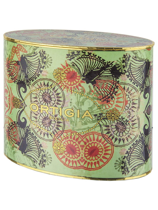 Caja regalo de Ortigia Sicilia color verde con detalles color plata con crema manos, jabon liquido color verde con palmera negra y leopardos
