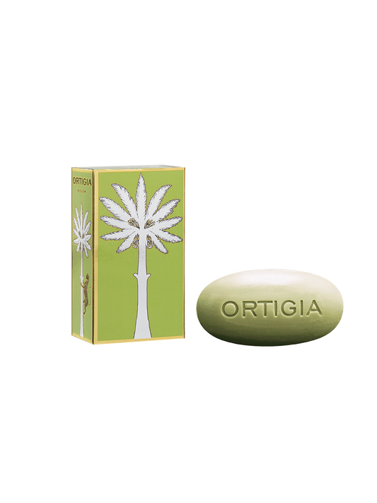 Caja decorada verde con palmera color plata y jabon de 40g Ortigia al Fico d'India