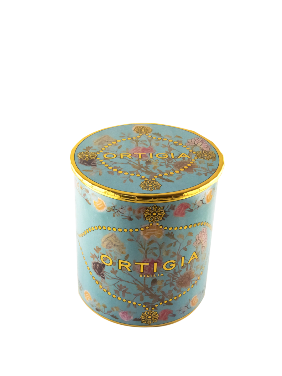 Vela decorativa Florio de Ortigia Sicilia en color turquesa con detalles en dorado y flores. Caja redonda con tapa dorada 