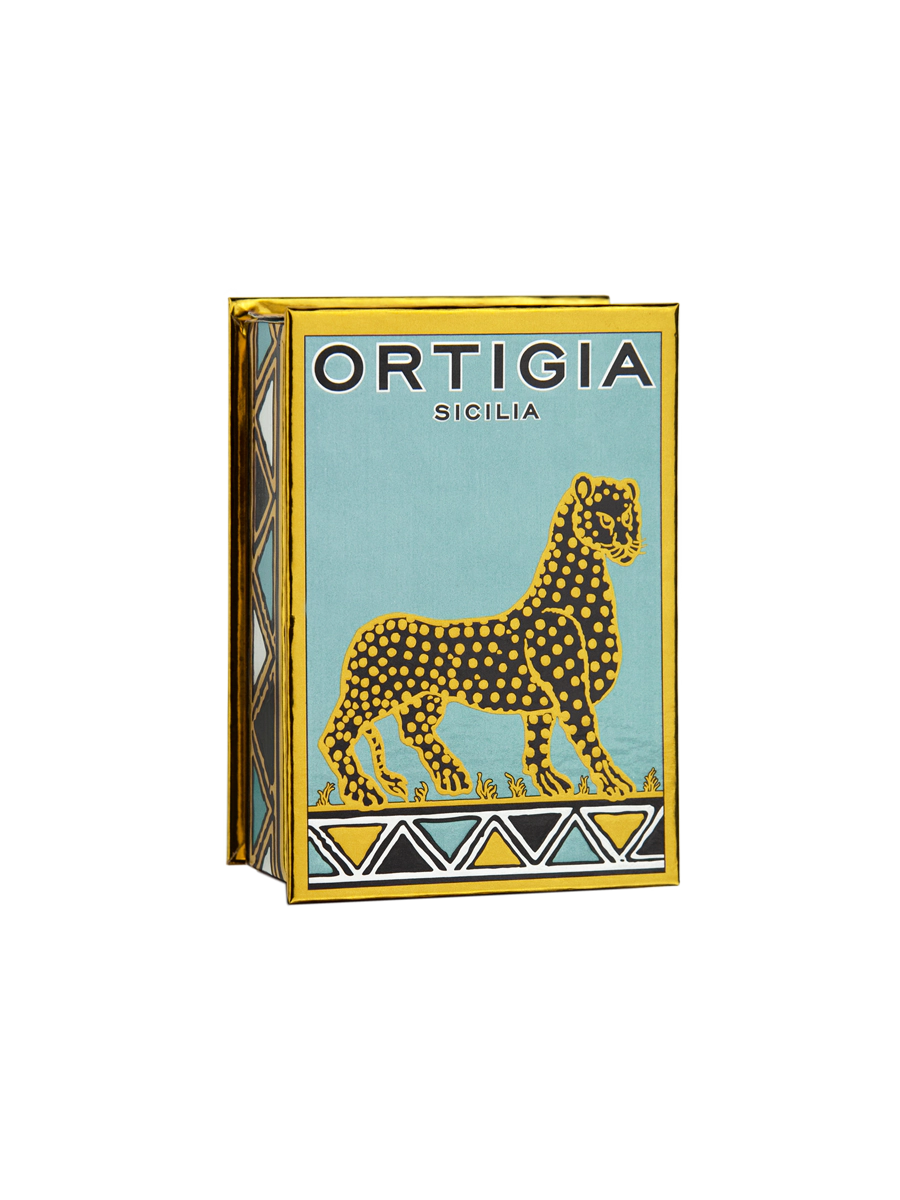 caja decorativa color turquesa y dorado con leopardo de Ortigia Florio 