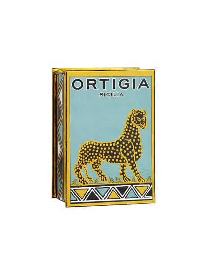 caja decorativa color turquesa y dorado con leopardo de Ortigia Florio 