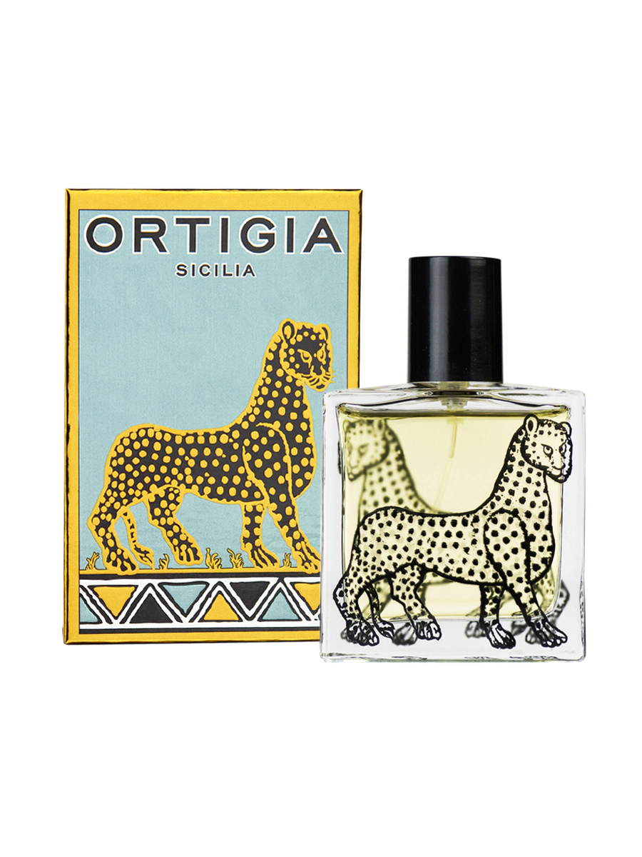 Frasco de perfume Ortigia Florio con diseño de leopardo y tapon negro con caja decorativa color turquesa y dorado con leopardo 