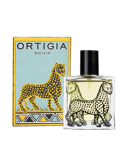 Frasco de perfume Ortigia Florio con diseño de leopardo y tapon negro con caja decorativa color turquesa y dorado con leopardo 
