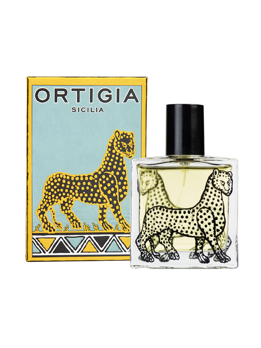 Frasco de perfume Ortigia Florio con diseño de leopardo y tapon negro con caja decorativa color turquesa y dorado con leopardo 