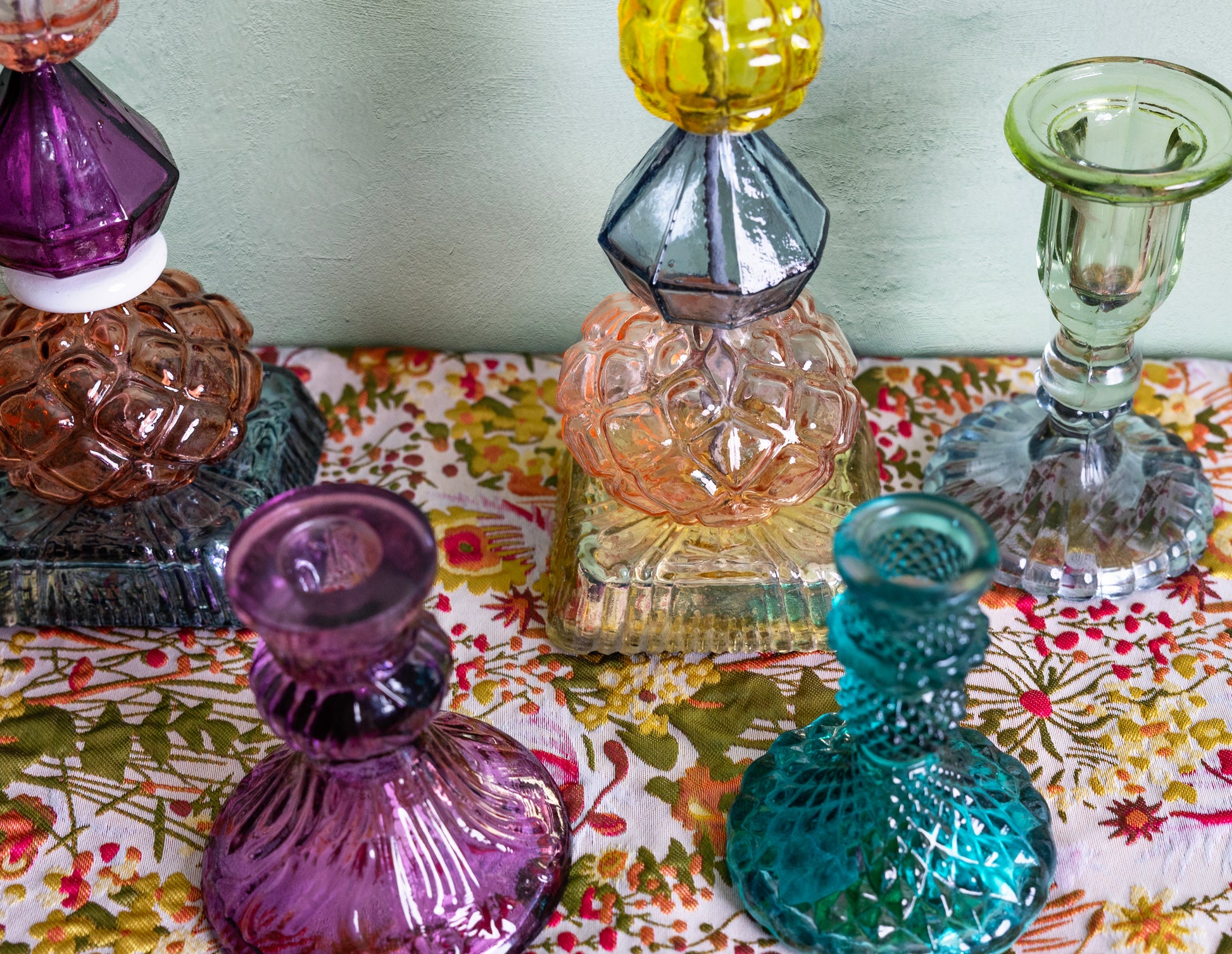 colorful glass candleholders, recycled glass candleholders, tall candleholders