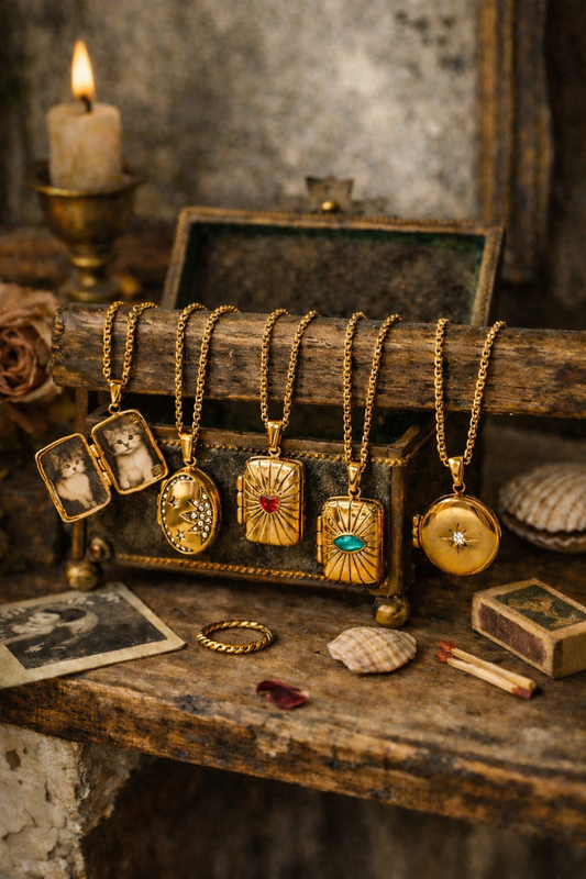 Vintage jewelry on a rustic wooden surface with a candle in the background