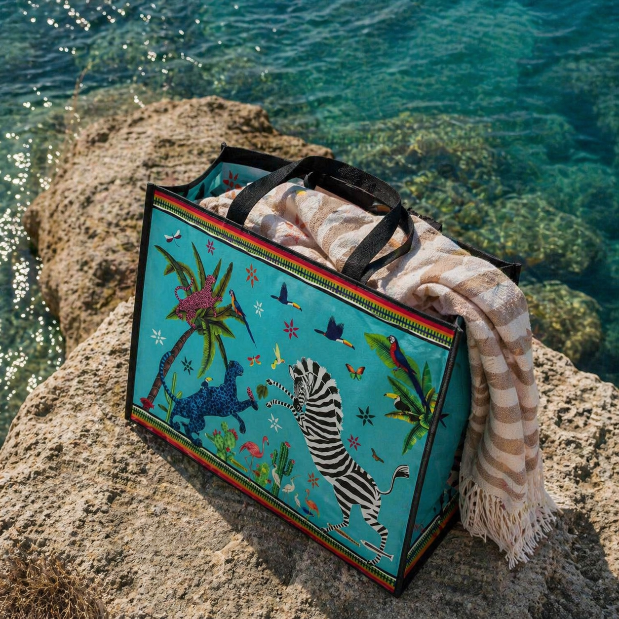 Colorful bag with zebra design on a rock by the water