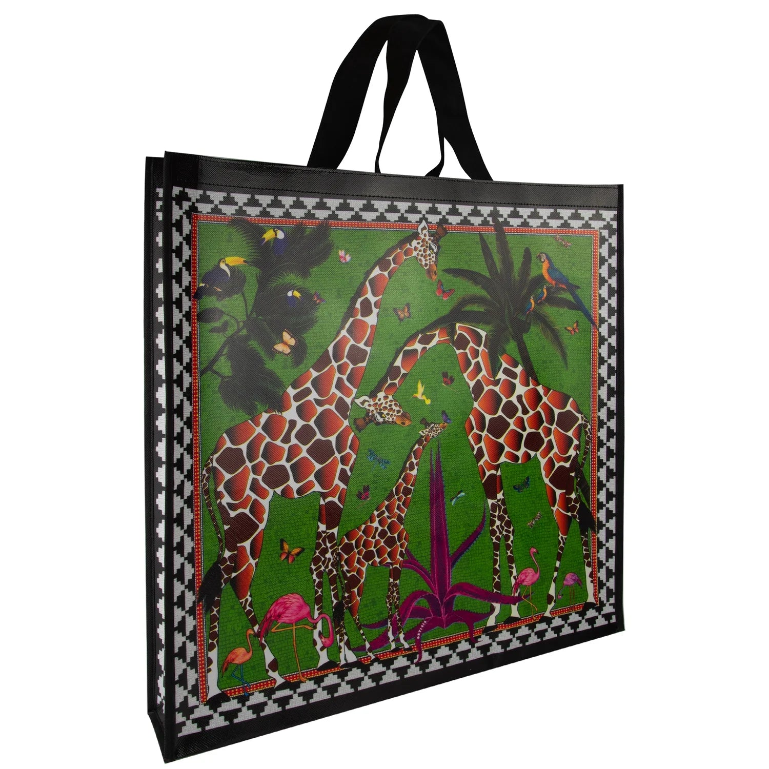 Tote bag with giraffe design on a green background