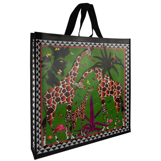 Tote bag with giraffe design on a green background